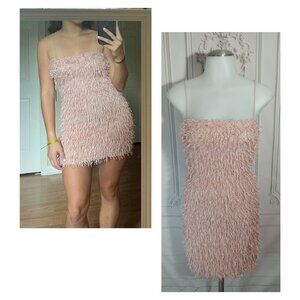 NWT Forever 21 Pink Fringe Party Textured Bodycon Mini Dress Lined Sz L